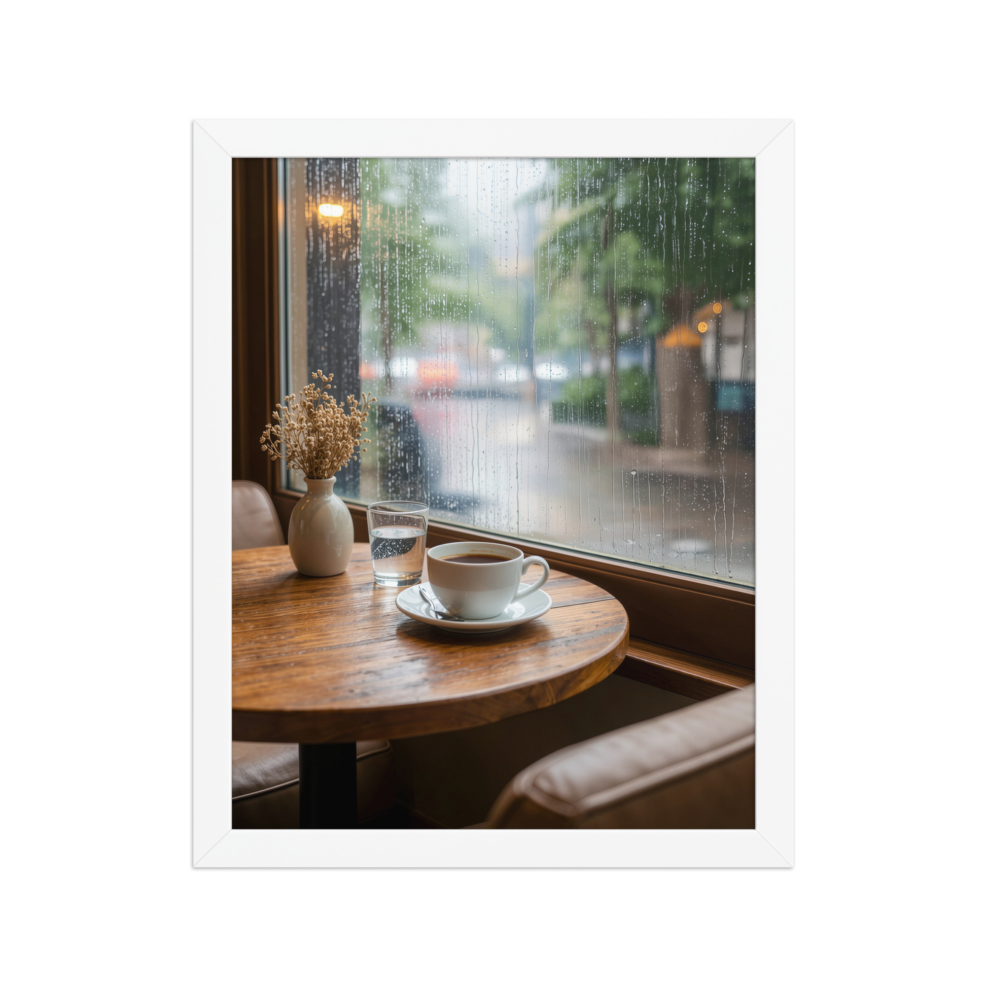 Framed rainy day cafe wall art, coffee cup by rain window calm aesthetic poster, black frame, JMTR Jeometry Store