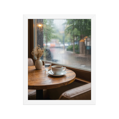 Framed rainy day cafe wall art, coffee cup by rain window calm aesthetic poster, black frame, JMTR Jeometry Store