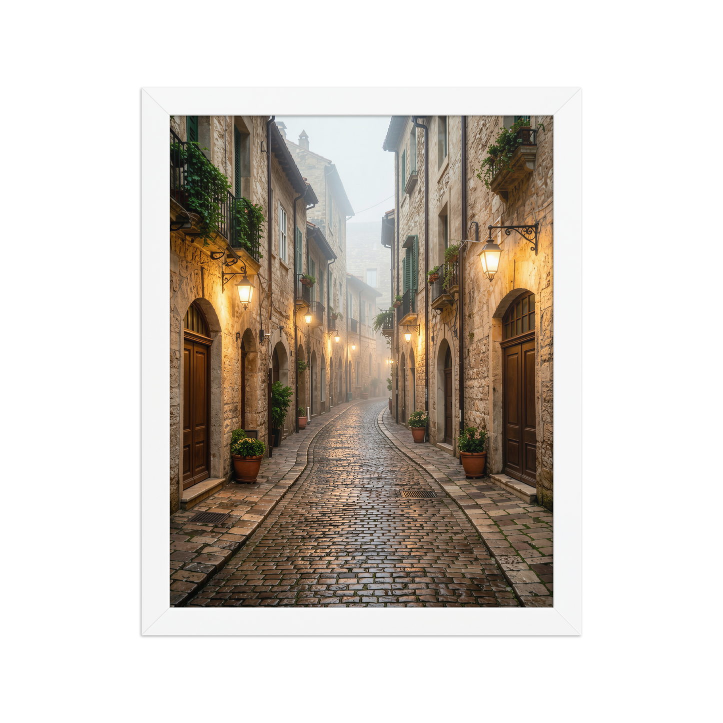 Framed Italian village cobblestone street wall art, warm lanterns foggy alley calm aesthetic poster, black frame, JMTR Jeometry Store