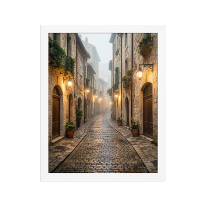 Framed Italian village cobblestone street wall art, warm lanterns foggy alley calm aesthetic poster, black frame, JMTR Jeometry Store