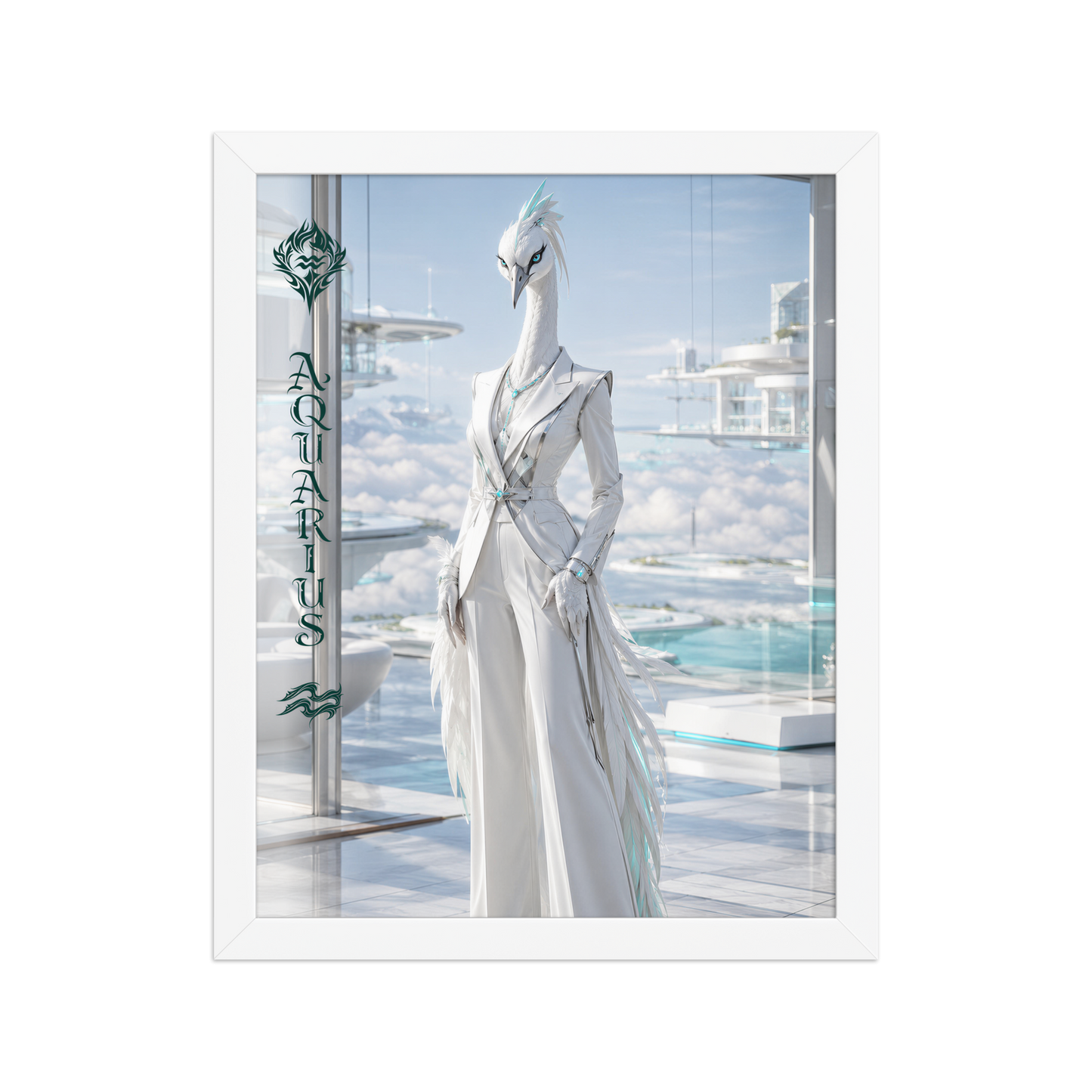 Framed Aquarius woman zodiac poster featuring a white crane standing above the clouds in a futuristic celestial city
