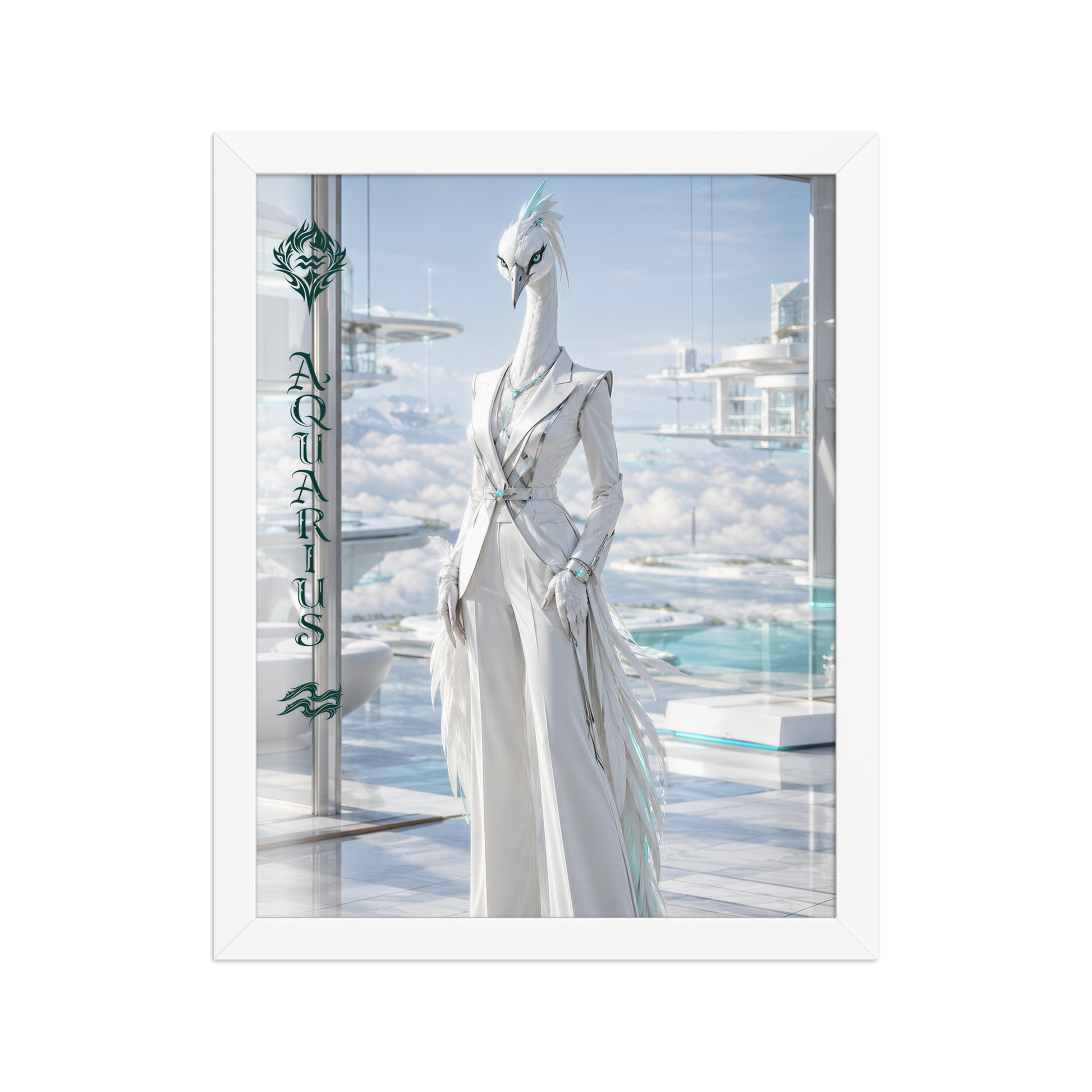Framed Aquarius woman zodiac poster featuring a white crane standing above the clouds in a futuristic celestial city