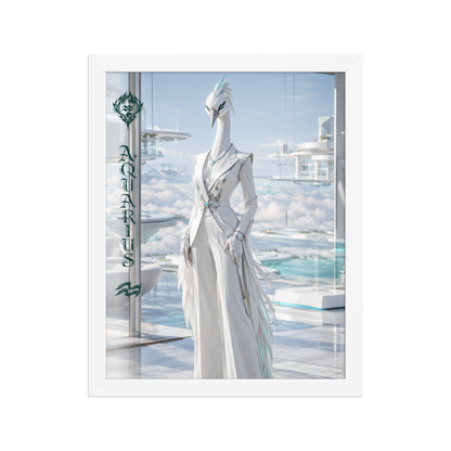 Framed Aquarius woman zodiac poster featuring a white crane standing above the clouds in a futuristic celestial city