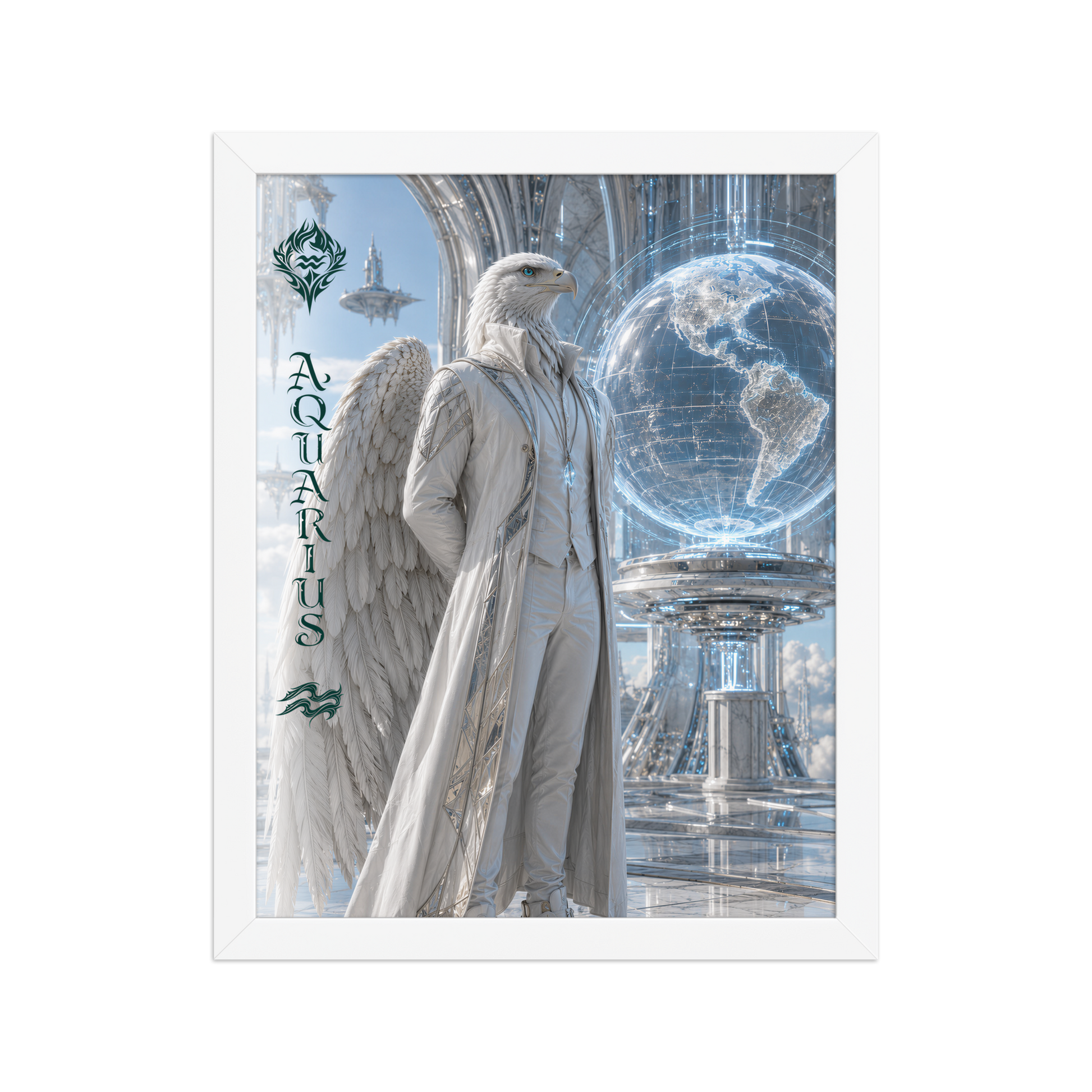 Framed Aquarius man zodiac poster featuring a white eagle standing before a glowing world in a futuristic celestial city