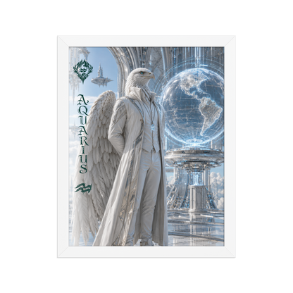 Framed Aquarius man zodiac poster featuring a white eagle standing before a glowing world in a futuristic celestial city