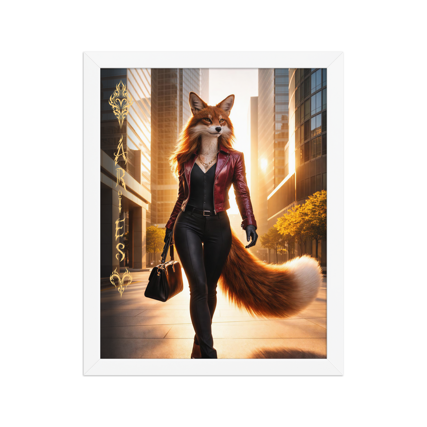 Framed Aries fox woman zodiac poster walking through a modern city at sunset