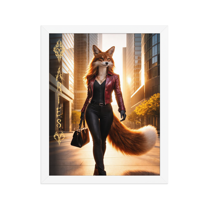 Framed Aries fox woman zodiac poster walking through a modern city at sunset