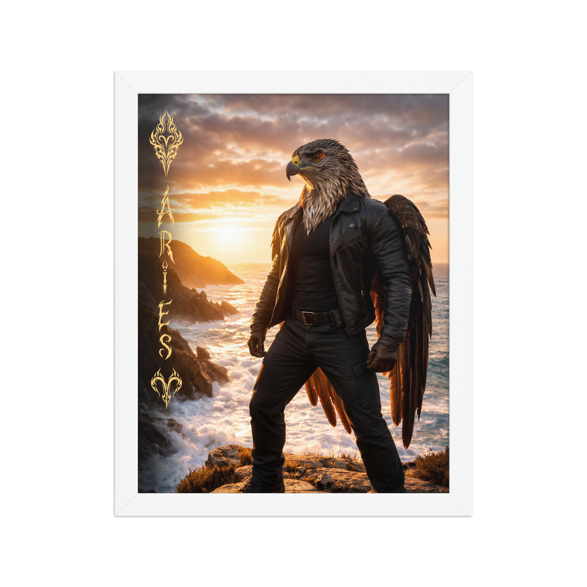 Framed Aries man poster featuring a powerful eagle figure standing above ocean cliffs at sunset, symbolizing strength, courage, and leadership.
