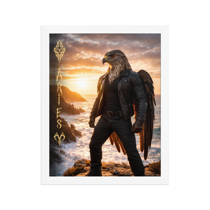 Framed Aries man poster featuring a powerful eagle figure standing above ocean cliffs at sunset, symbolizing strength, courage, and leadership.