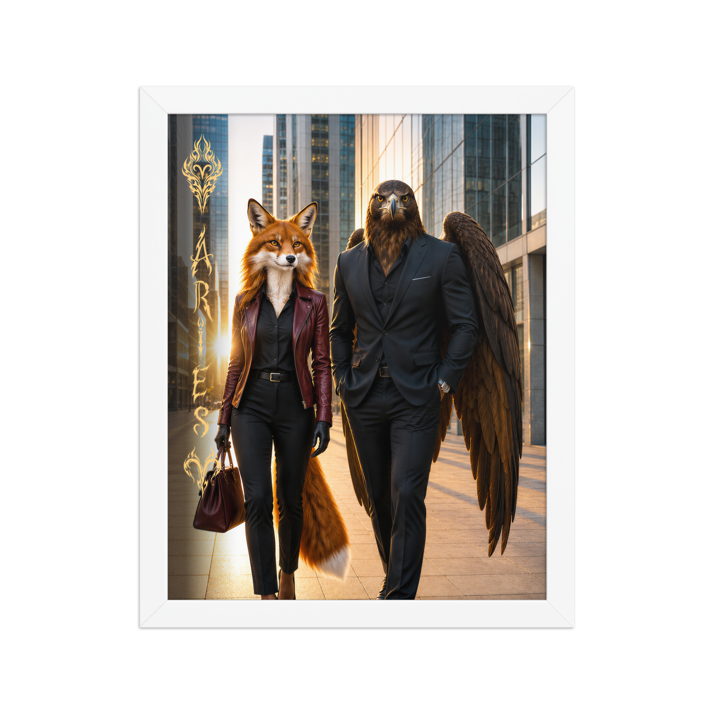 Framed Aries power couple poster featuring eagle and fox archetypes walking through a modern city, symbolizing strength, ambition, and partnership.