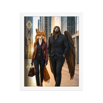 Framed Aries power couple poster featuring eagle and fox archetypes walking through a modern city, symbolizing strength, ambition, and partnership.