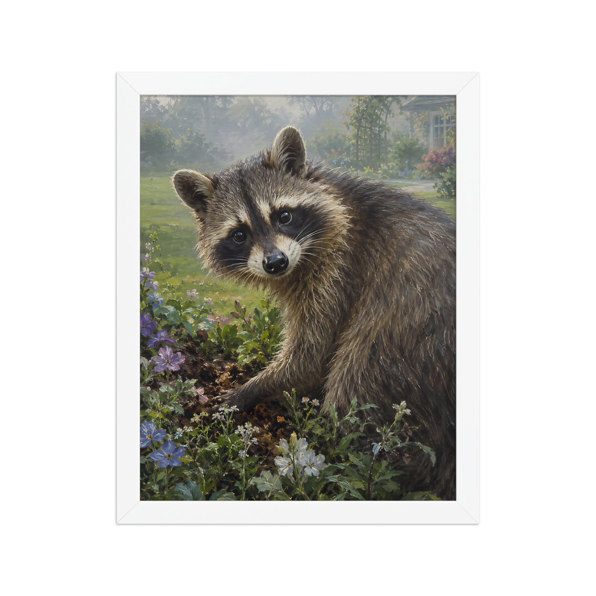 Garden Raccoon Curiosity Framed Poster