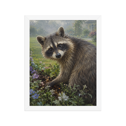Garden Raccoon Curiosity Framed Poster