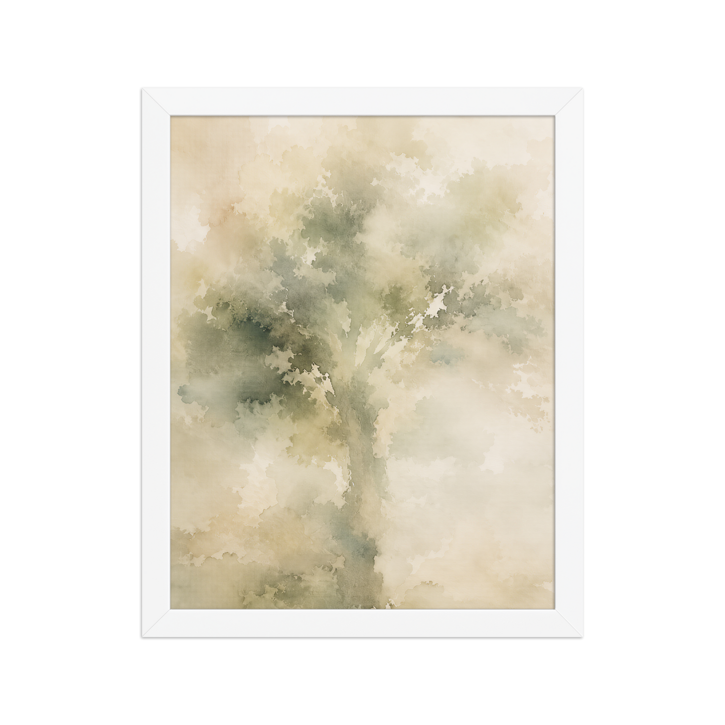 Framed minimalist nature poster featuring a softly emerging tree form in muted green and warm neutral tones.