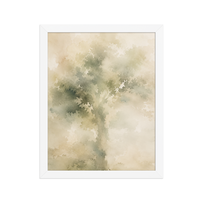 Framed minimalist nature poster featuring a softly emerging tree form in muted green and warm neutral tones.