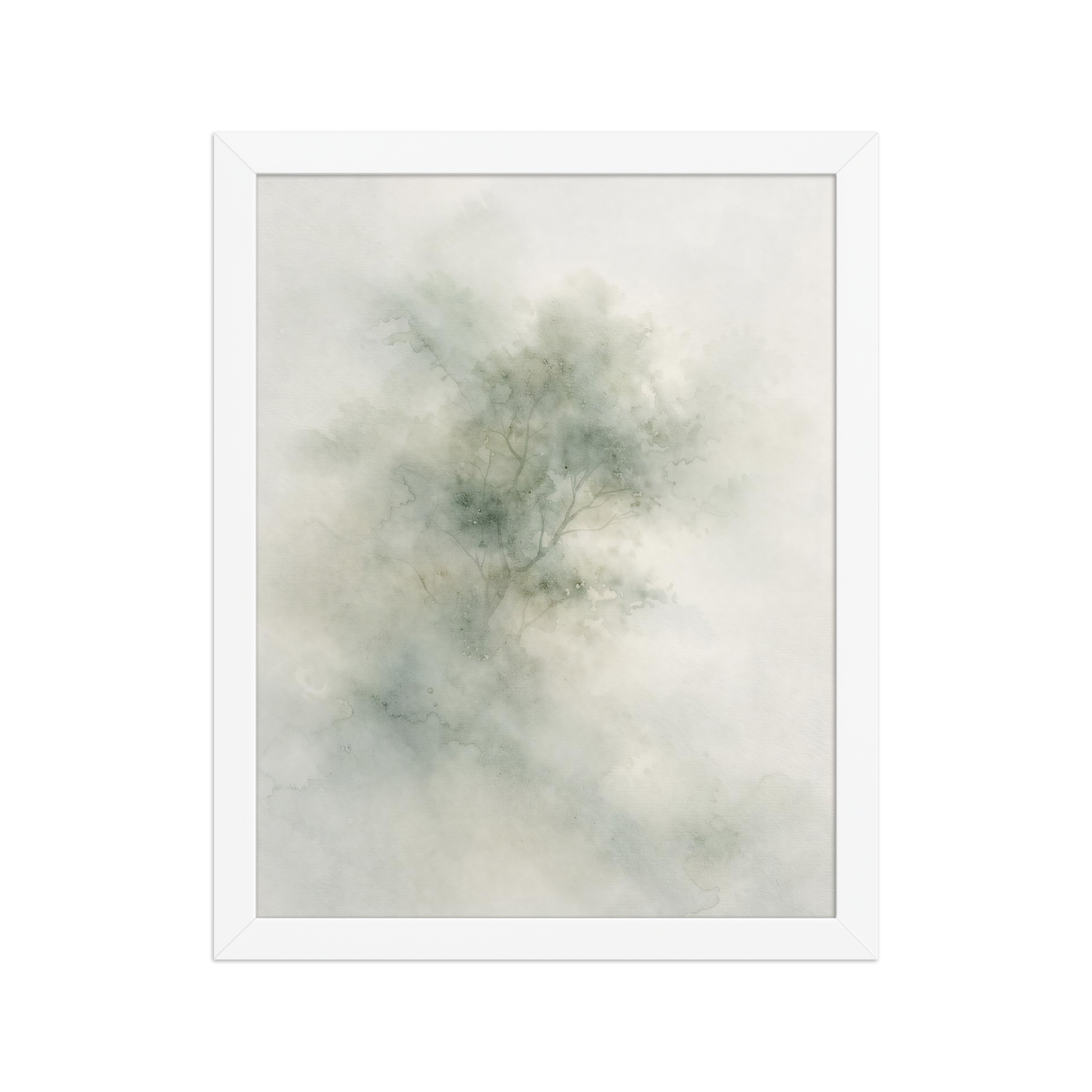 Framed minimalist watercolor-inspired artwork with a softly emerging tree form and subtle neutral tones.