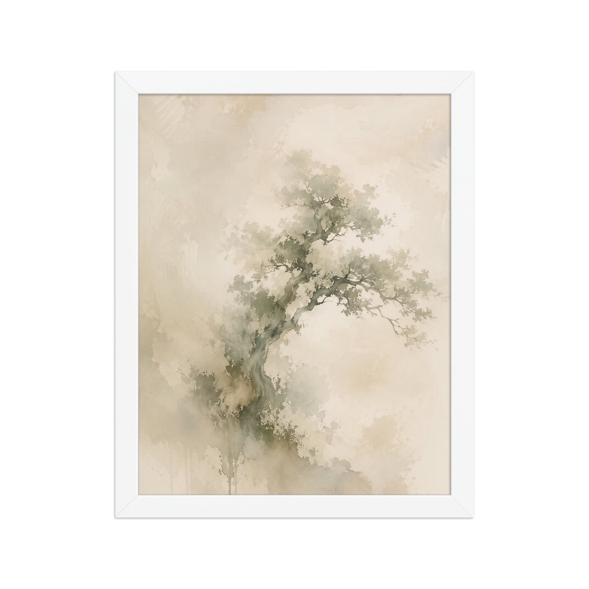 Framed minimalist nature-inspired poster featuring an emerging tree form in soft earthy neutral tones.