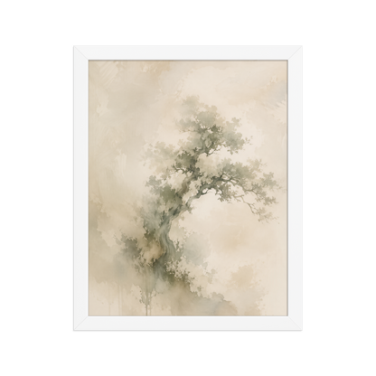 Framed minimalist nature-inspired poster featuring an emerging tree form in soft earthy neutral tones.