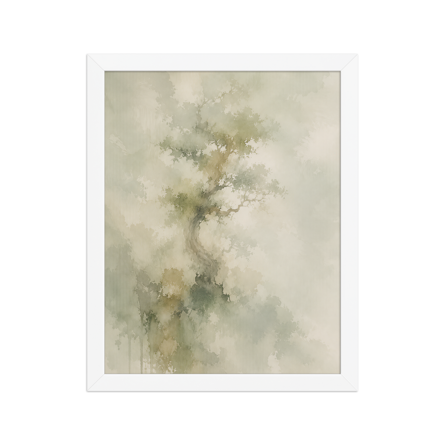Framed minimalist nature-inspired poster featuring a softly emerging tree form in muted neutral tones and organic watercolor textures.