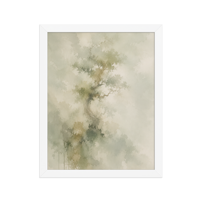 Framed minimalist nature-inspired poster featuring a softly emerging tree form in muted neutral tones and organic watercolor textures.