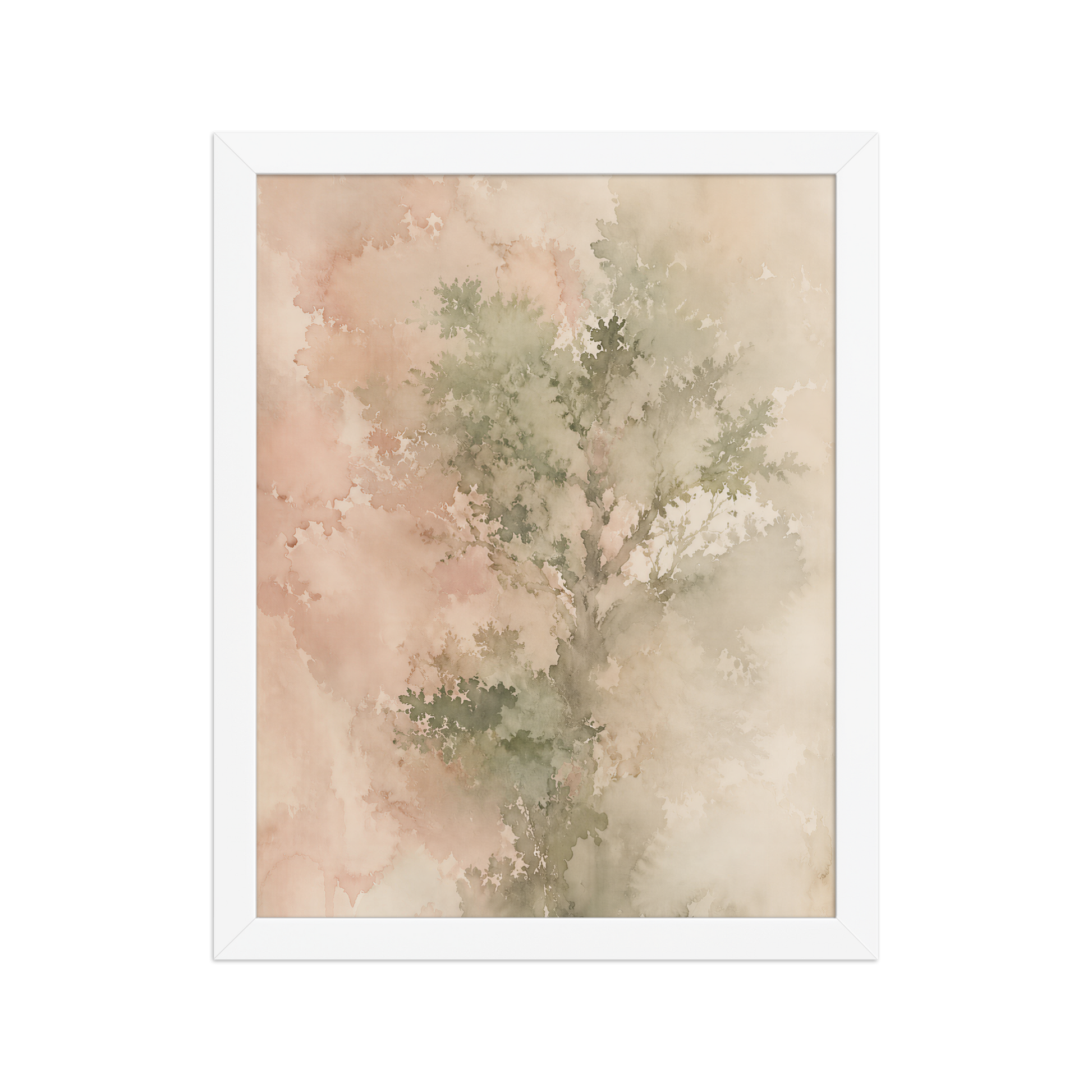 Framed minimalist nature-inspired poster featuring a softly emerging tree form in blush, sage, and warm neutral tones.