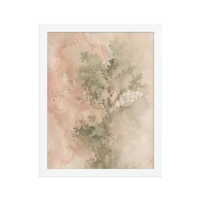 Framed minimalist nature-inspired poster featuring a softly emerging tree form in blush, sage, and warm neutral tones.