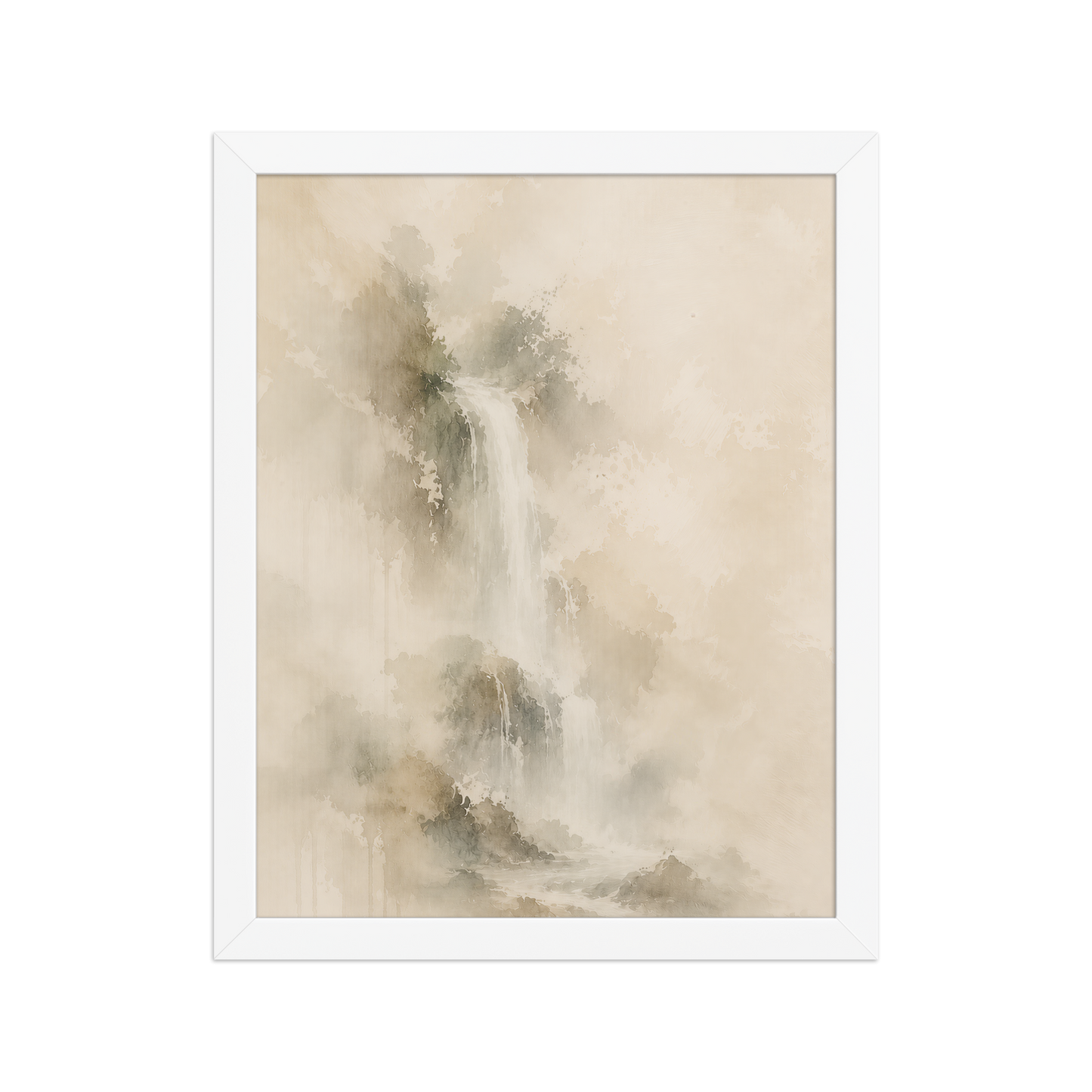 Framed waterfall-inspired poster featuring soft flowing forms in warm neutral and muted earth tones.