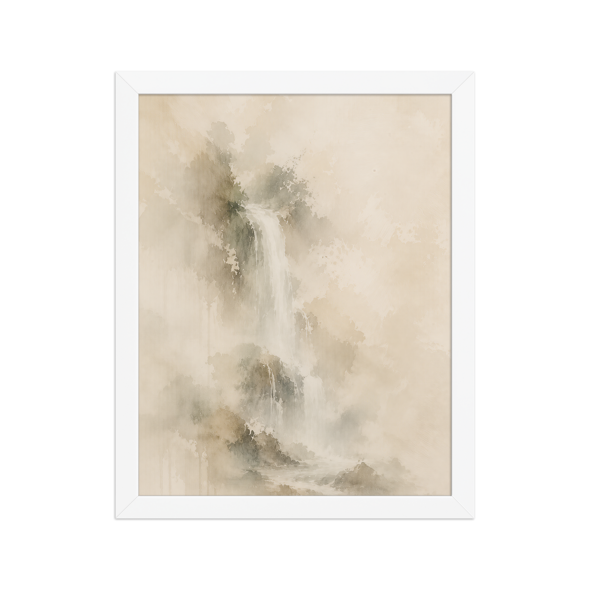 Framed waterfall-inspired poster featuring soft flowing forms in warm neutral and muted earth tones.