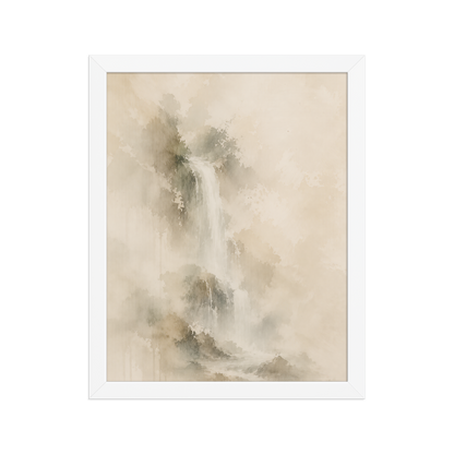 Framed waterfall-inspired poster featuring soft flowing forms in warm neutral and muted earth tones.