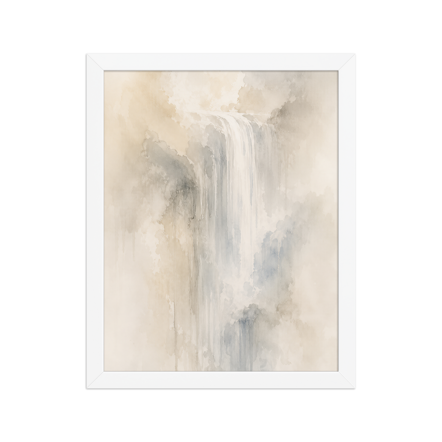 Framed waterfall-inspired poster with soft flowing forms in warm neutrals, misty blues, and subtle organic textures.