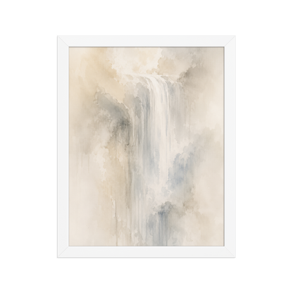 Framed waterfall-inspired poster with soft flowing forms in warm neutrals, misty blues, and subtle organic textures.