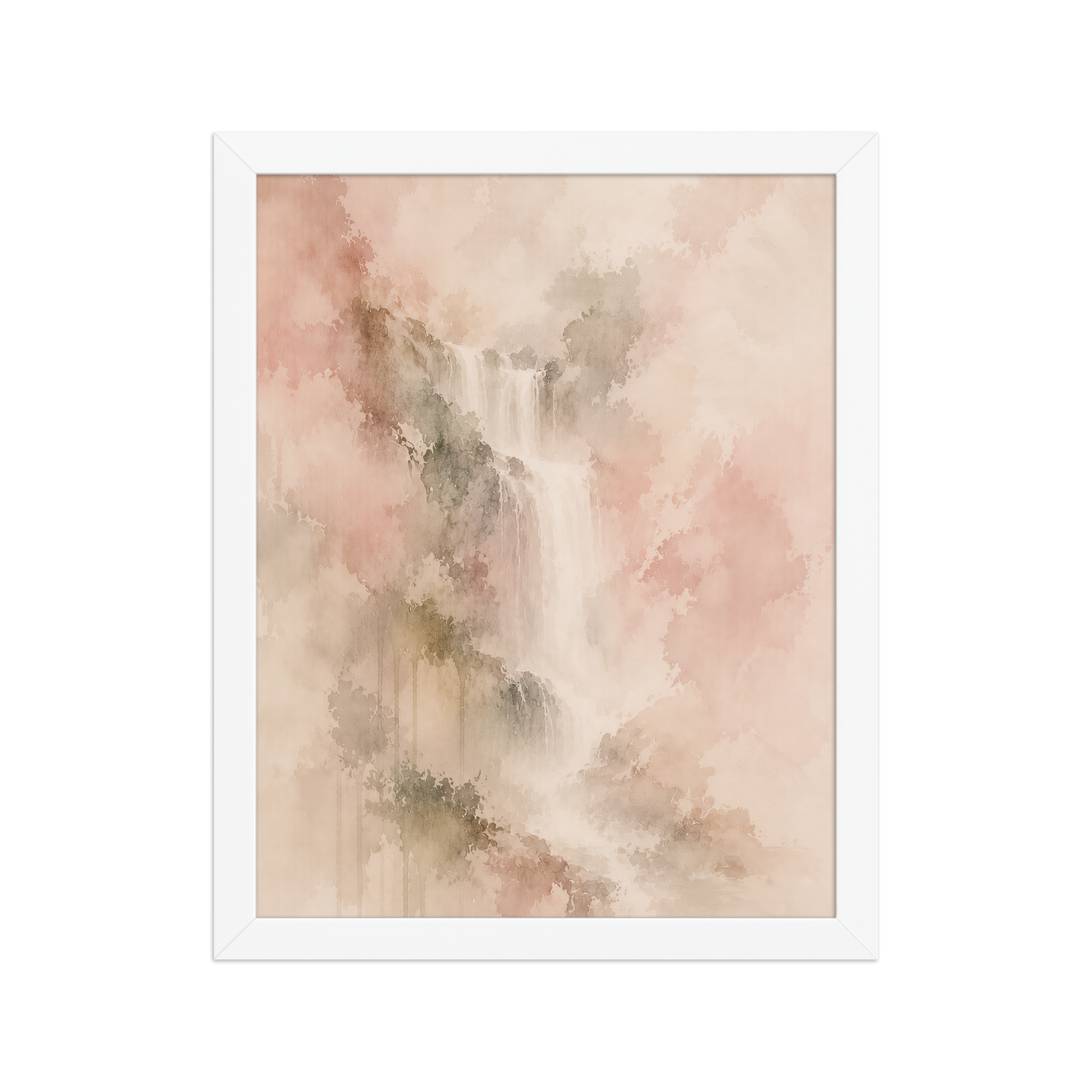 Framed waterfall-inspired poster featuring soft flowing forms in blush, warm neutral, and muted earth tones.
