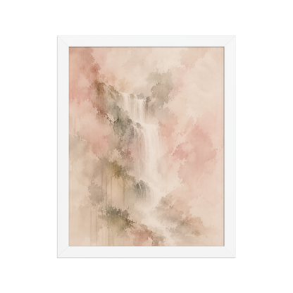 Framed waterfall-inspired poster featuring soft flowing forms in blush, warm neutral, and muted earth tones.
