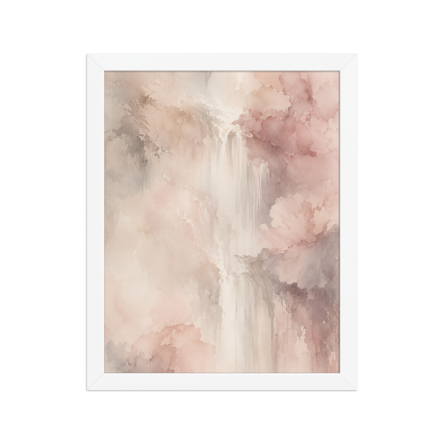 Framed waterfall-inspired poster featuring soft flowing forms in blush pink, warm neutrals, and muted earth tones.