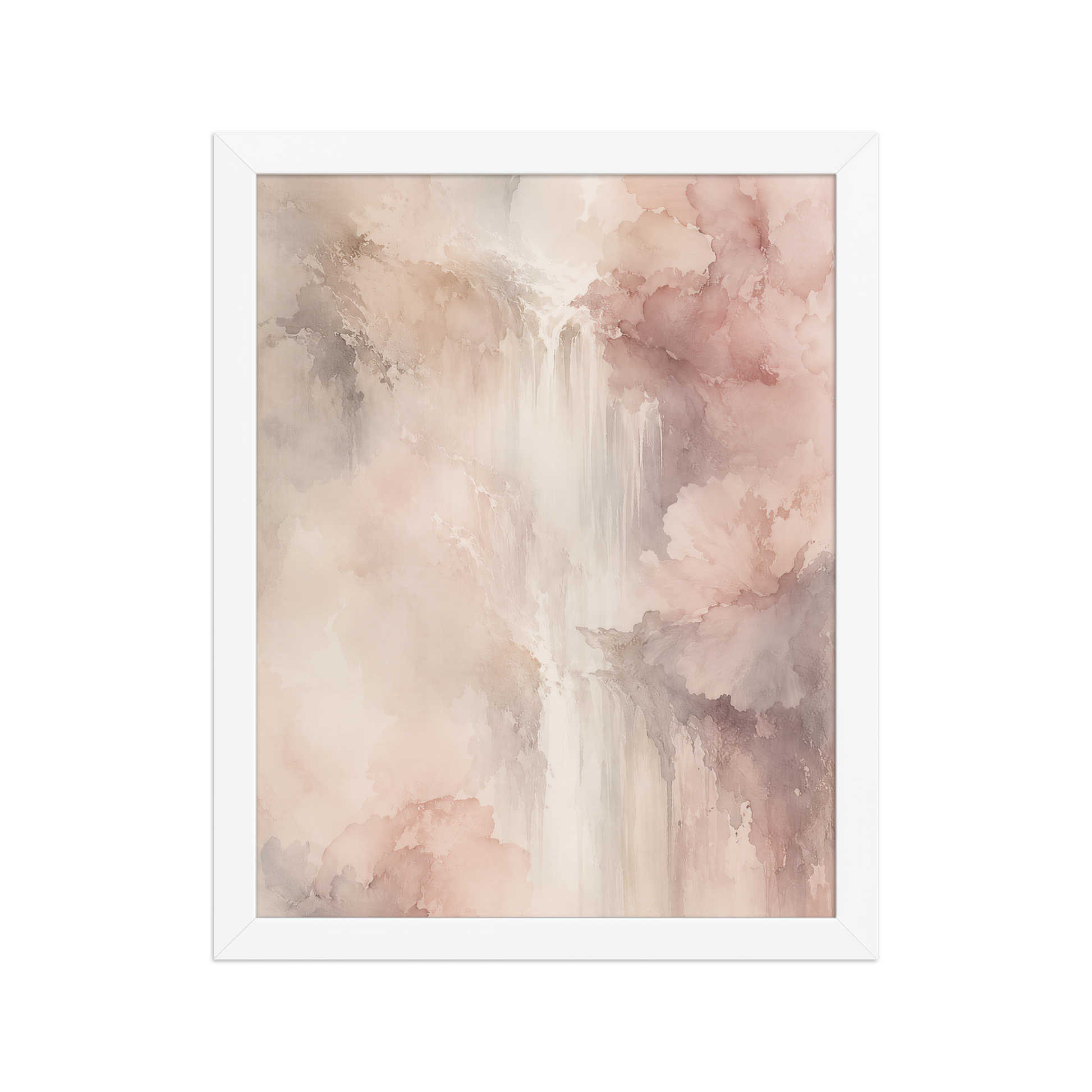 Framed waterfall-inspired poster featuring soft flowing forms in blush pink, warm neutrals, and muted earth tones.