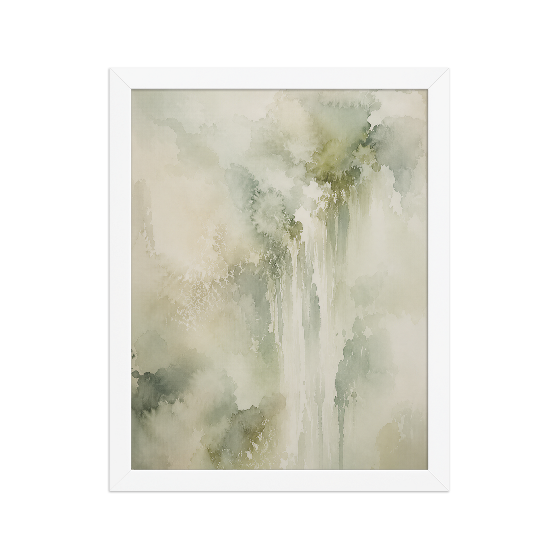 Framed waterfall-inspired poster featuring soft flowing forms in sage green, warm neutrals, and muted natural tones.