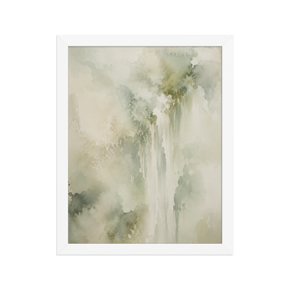 Framed waterfall-inspired poster featuring soft flowing forms in sage green, warm neutrals, and muted natural tones.