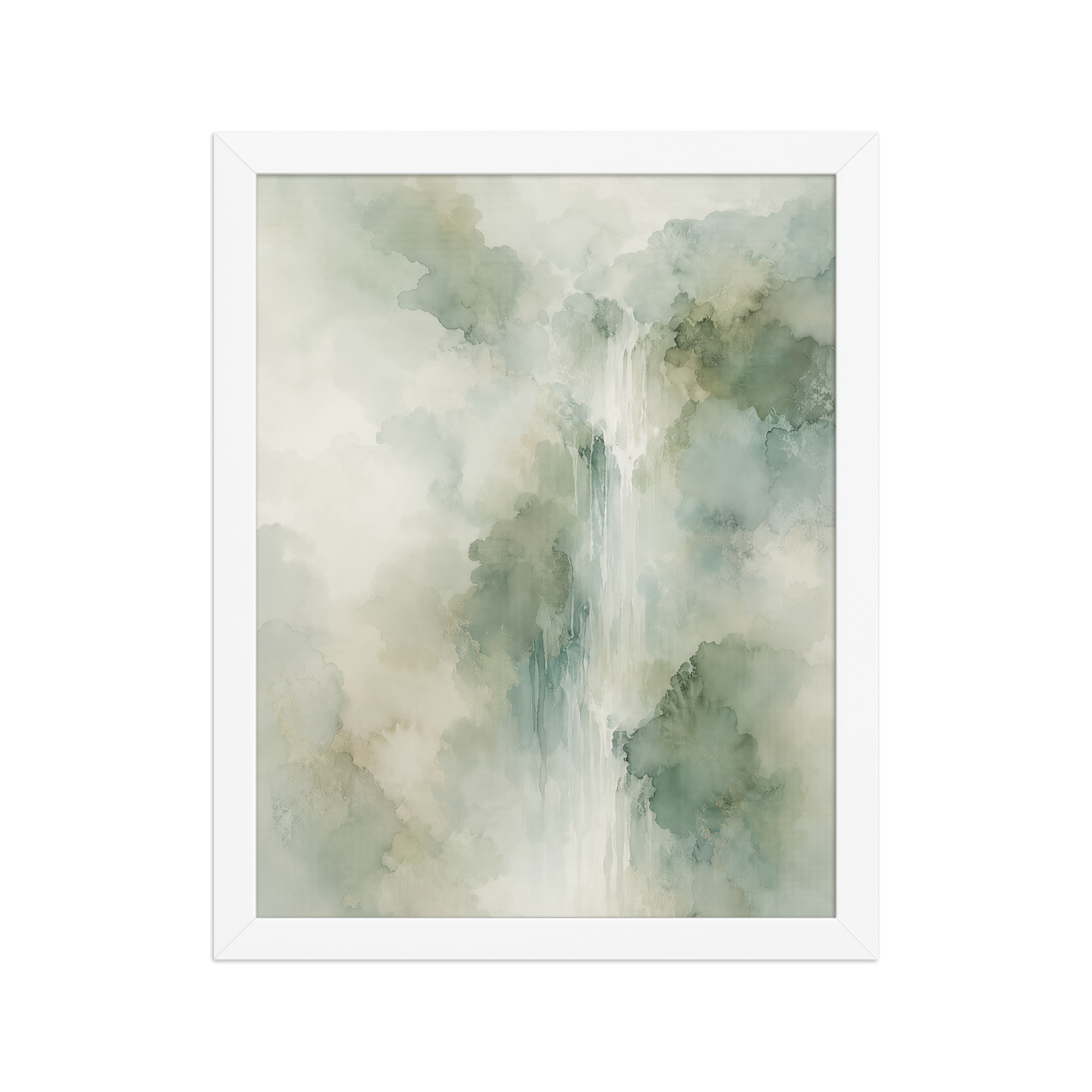 Framed waterfall-inspired poster with soft sage green tones, flowing water, and organic watercolor textures.