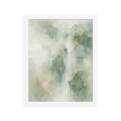 Framed waterfall-inspired poster with soft sage green tones, flowing water, and organic watercolor textures.