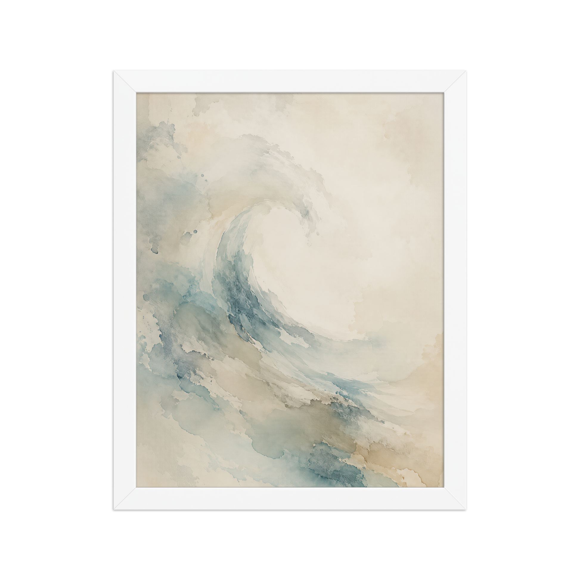 Framed ocean wave-inspired poster with flowing watercolor textures in soft blue, sand, and warm neutral tones.