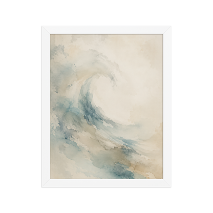Framed ocean wave-inspired poster with flowing watercolor textures in soft blue, sand, and warm neutral tones.