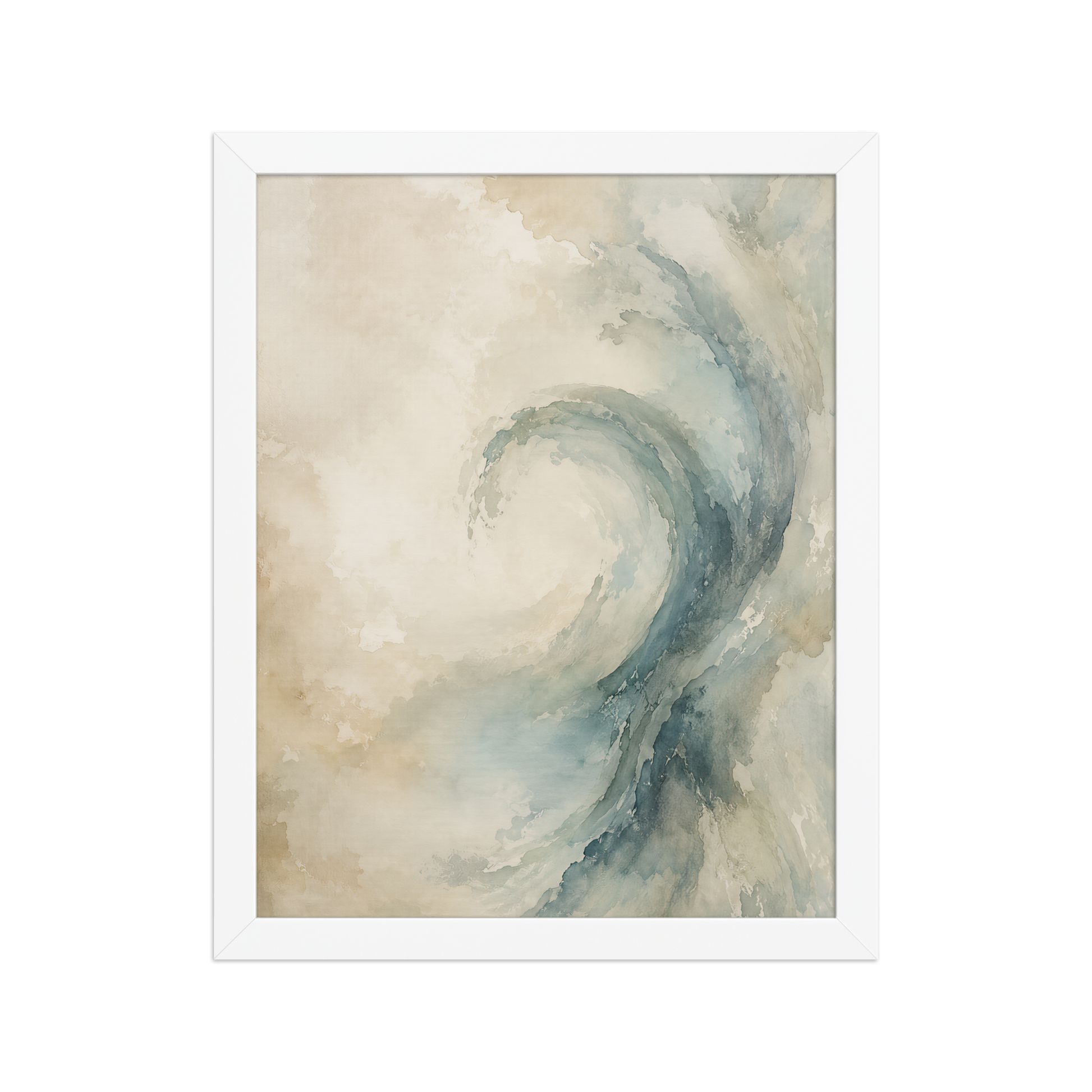 Framed ocean wave-inspired poster with flowing watercolor textures in soft blue, ivory, and warm neutral tones.
