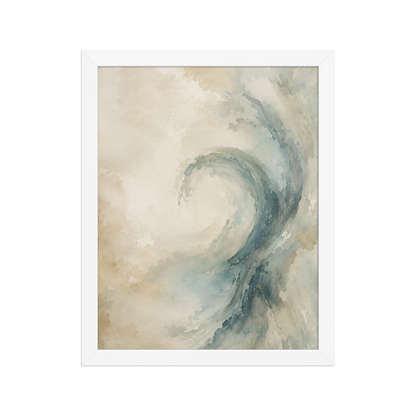 Framed ocean wave-inspired poster with flowing watercolor textures in soft blue, ivory, and warm neutral tones.