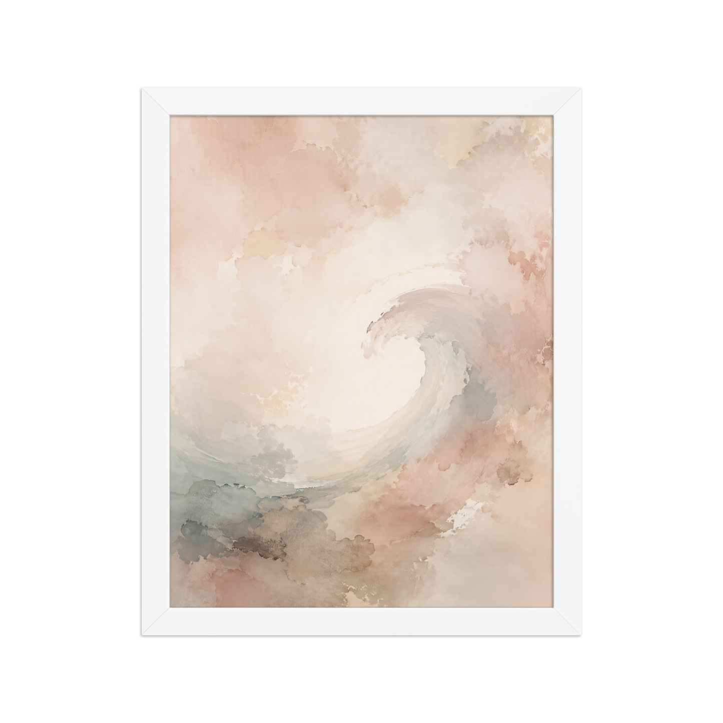 Framed ocean wave-inspired poster with flowing watercolor textures in blush, soft blue, and warm neutral tones.