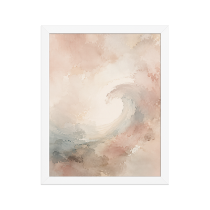 Framed ocean wave-inspired poster with flowing watercolor textures in blush, soft blue, and warm neutral tones.