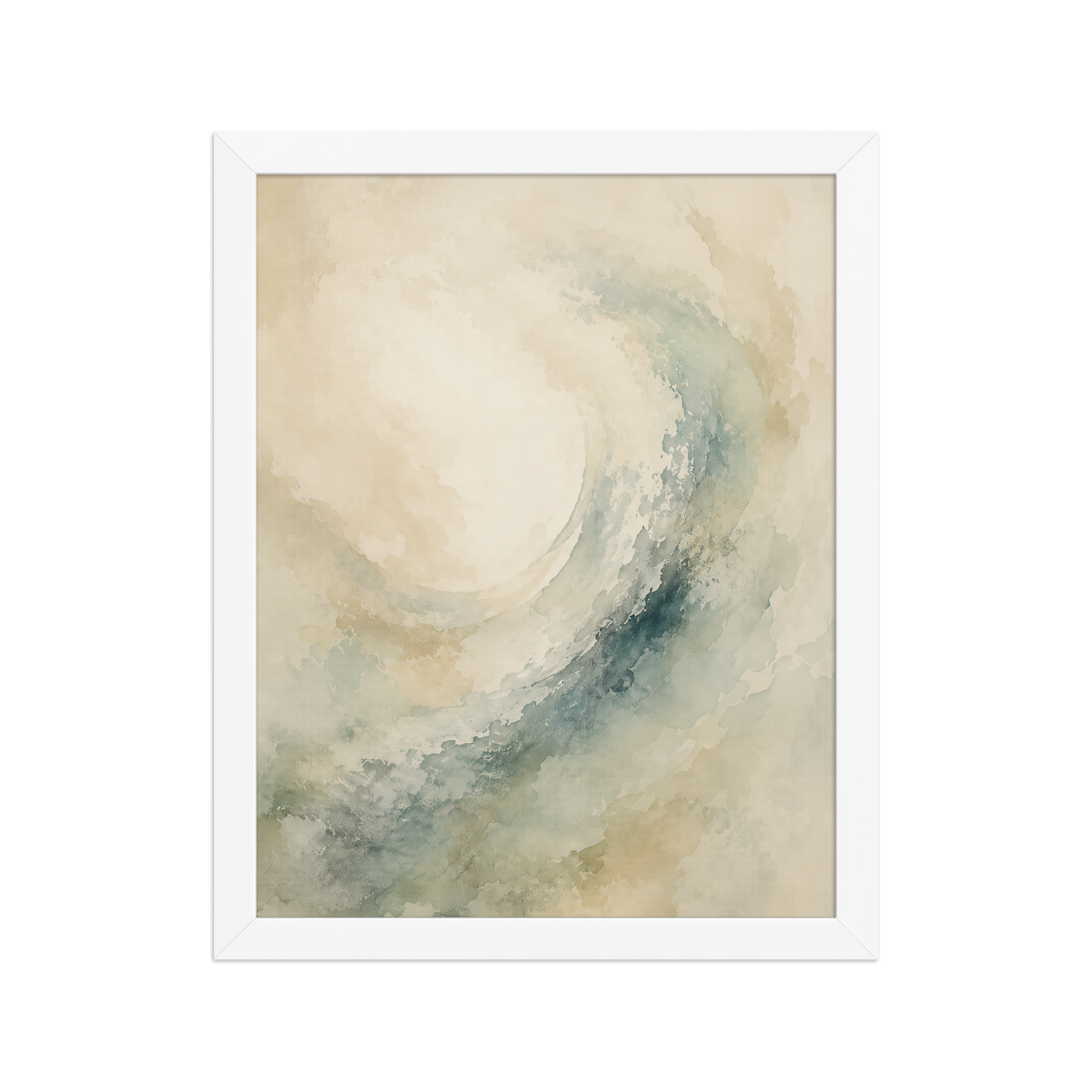 Framed ocean wave-inspired poster with flowing watercolor textures in soft blue, sage, and warm neutral tones.