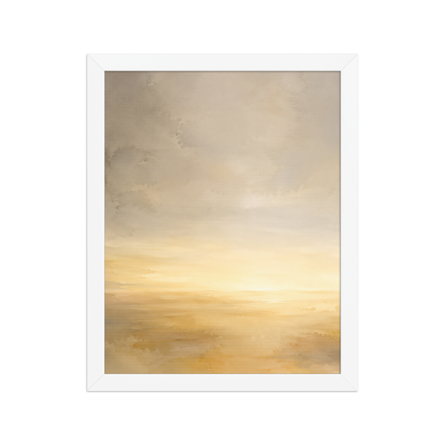 Framed sunrise poster featuring a glowing ocean horizon with soft watercolor textures in warm gold, ivory, and neutral tones.