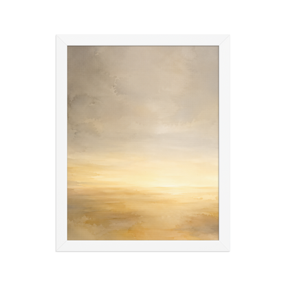 Framed sunrise poster featuring a glowing ocean horizon with soft watercolor textures in warm gold, ivory, and neutral tones.