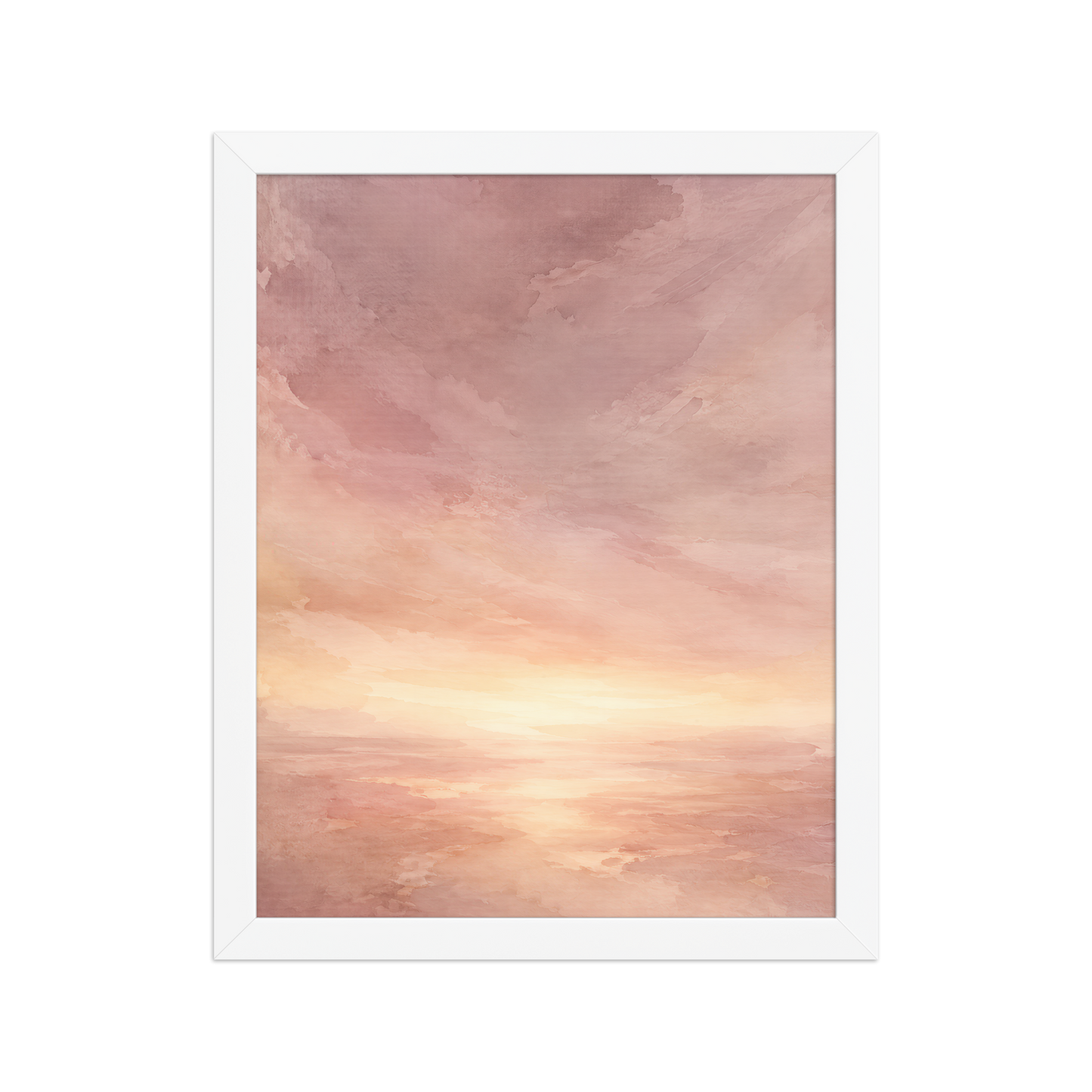 Framed sunrise poster with a glowing blush ocean horizon and soft watercolor textures in pink, peach, and warm neutral tones.