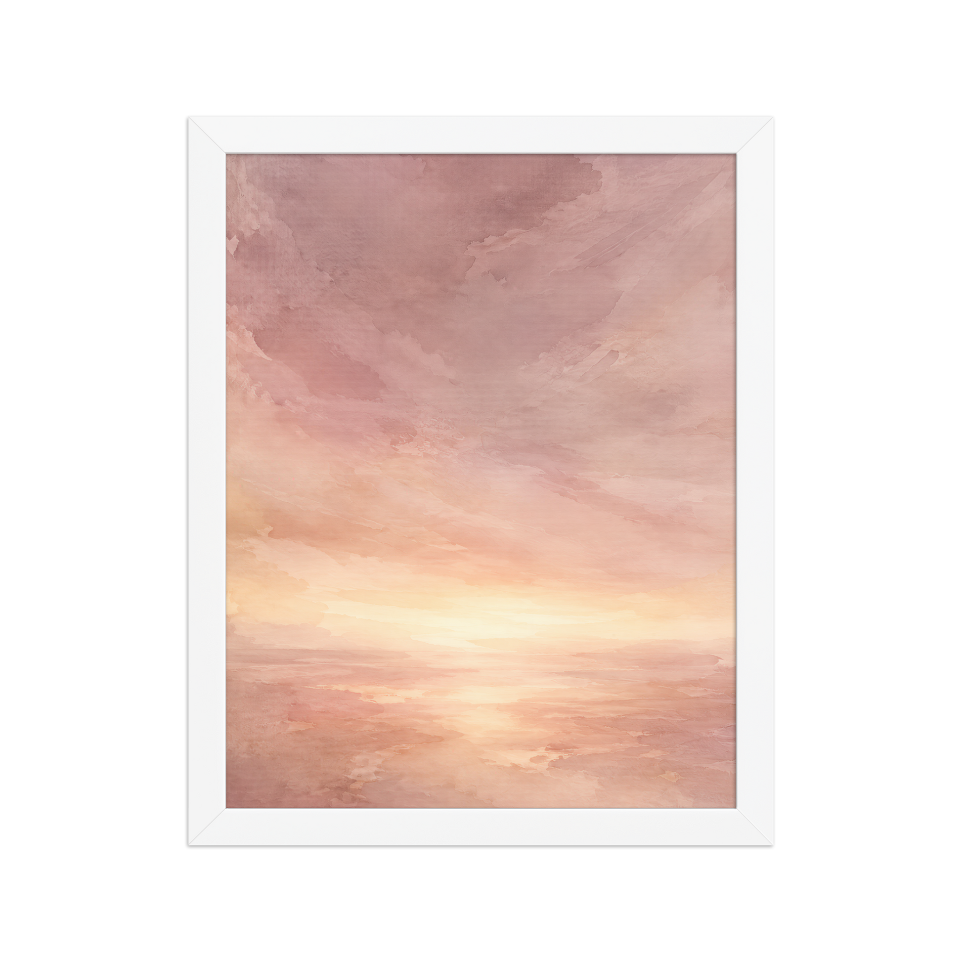 Framed sunrise poster with a glowing blush ocean horizon and soft watercolor textures in pink, peach, and warm neutral tones.